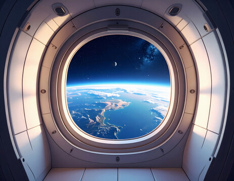 Fototapeta Earth seen through rounded porthole from orbiting spaceship