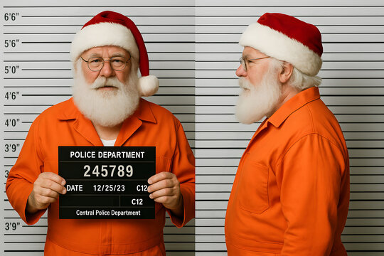 Santa Claus mugshot in prison wearing orange jumpsuit and hat