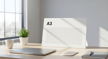 Minimalist Workspace with A3 Paper, Laptop, and Plant by Window