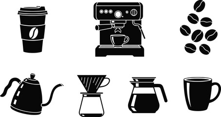 Black coffee icons set including takeaway cup, espresso machine, coffee beans, kettle, pour-over coffee maker, coffee pot, cup, beverage.