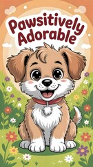 Obraz premium Cartoon puppy with big eyes sitting in a field of flowers under a pawsitively adorable sign