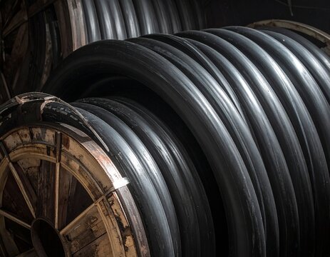 Close-up view of large spools of black electrical cable, coiled and stored in a warehouse.