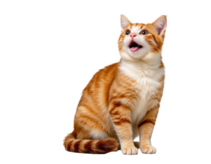 Playful orange and white cat sitting with mouth open and alert stance