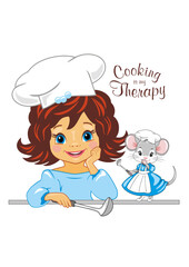 Smiling girl cook and cute chef mouse