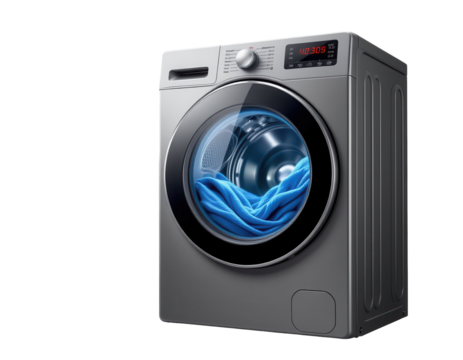Modern Front-Loading Washing Machine with Blue Laundry Inside