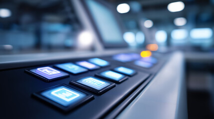 A futuristic automation panel glows with workflow management icons luminous pathways flowing seamlessly across the display. Atmosphere of smooth operations innovation and techno