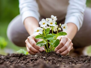 Elderly woman planting flowers, focus on hands in soil, 3D illustration , closes up