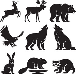 Fototapeta premium Assortment of Forest Animal Silhouettes on White Background Keywords: deer, elk, moose, bear, eagle
