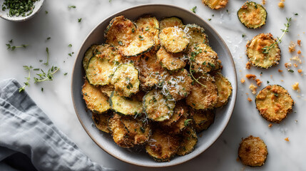 Delicious baked zucchini chips healthy close-up food photography