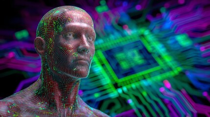 A digital human portrait emerges from a vibrant network of circuitry, symbolizing the convergence of humanity and technology in a futuristic vision.
