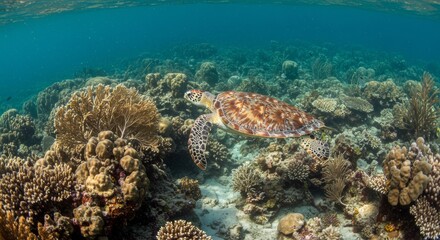 Hawksbill Turtle Glides Over Vibrant Coral Reef