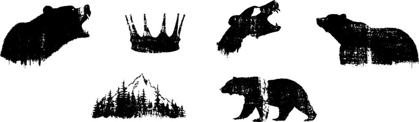 Grunge black and white bear silhouette set for creative design projects