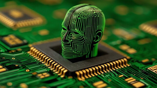 A glowing, digital human head emerges from a complex microchip, symbolizing the convergence of technology and consciousness, evoking a futuristic and slightly unsettling aesthetic.