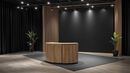Modern Reception Area with Wooden Desk and Stylish Lighting for Business Presentations