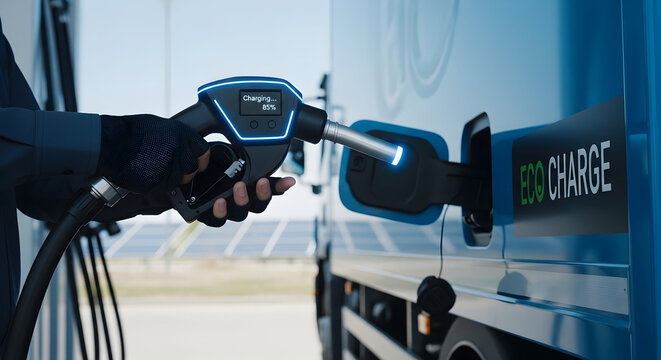 Charging electric truck at station with digital display and Eco Charge label for sustainability