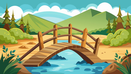 Vector art of a charming cartoon landscape featuring a wooden bridge over a gentle stream, with lush green hills and trees in the background, creating a peaceful scene
