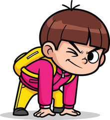 Cartoon child crouching with confident smirk and backpack, pink jacket and yellow pants, energetic character vector isolated on white background