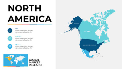 North America Infographic Map With Colorful Regions And Global Market Research Design Template For Presentations