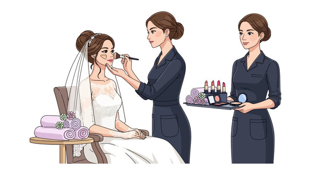 Bride receiving professional makeup application from a skilled artist with a helper holding beauty products and tools for the wedding day preparation