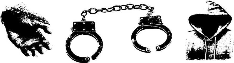 Grunge black and white brass handcuffs set with hoodie and hands for urban design