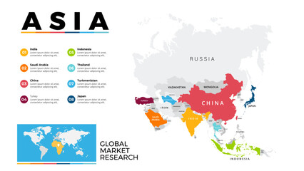 Asia Colorful Map And Infographic For Global Market Research Visual, Business And Geography