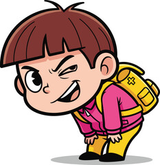 Cartoon child with mischievous expression wearing backpack, pink jacket and yellow pants, playful character vector isolated on white background