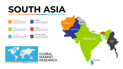 Colorful South Asia Map with Highlighted Countries and Market Research Elements