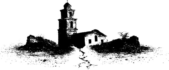 Obraz premium Grunge black and white illustration of a broken church ruin with cracked pathway for design