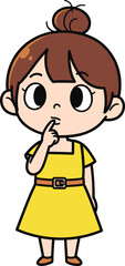 Cartoon girl thinking with finger on mouth, yellow dress character, isolated vector illustration showing curiosity and decision-making expression