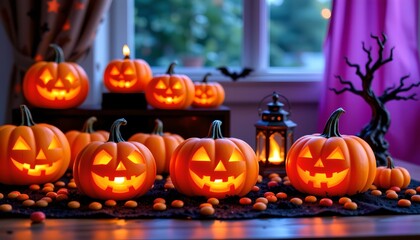 A festive Halloween scene featuring several decorated jack o' lanterns arranged around a table with a candle lit centerpiece