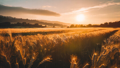 Sunlit golden grass field in mountain valley, warm sunrise glow, hills, peaceful rural morning scene, natural meadow. Nature, travel, sunrise, tranquil outdoor countryside