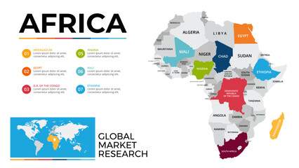 description
Colorful representation of Africa's map combined with data points for market research. Includes an inset map showing global positioning and geographical distribution, and information anal