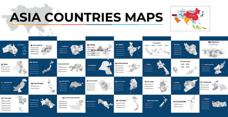 Collection of vector maps showcasing countries in Asia, each including descriptive highlights, geographic details, and visual representation ideal for educational and informational purposes.