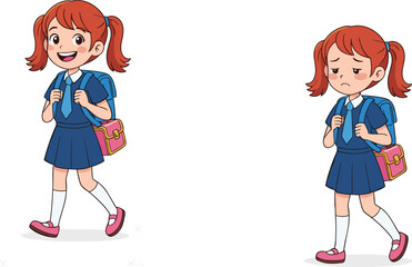 Cartoon schoolgirl walking with happy and sad expressions, emotional contrast, blue uniform character illustration isolated on white background vector
