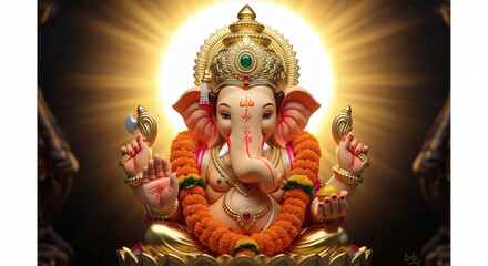 Obraz premium Close-up of a colorful Ganesha statue with a golden halo and ornate crown against a dark background.
