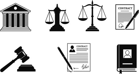 Law and justice icon set with courthouse, gavel, contract, legal book, balance scale, and signature for legal document design.