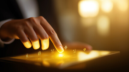 A radiant interface glows with symbolic icons representing integrity ethics and core business values. Gentle golden light surrounds the display atmosphere of trust