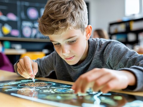 Hands of a young student flipping through a glowing holographic biology guide, digital illustrations floating above, modern classroom.