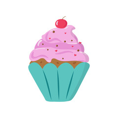Cream cake, muffin, cherry berry. Sweets day. Food, baking, pink cream, dessert, holiday decor. Hand drawn vector illustration, background isolated.