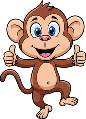 Cartoon vector of smiling monkey giving thumbs up with big blue eyes, playful jungle animal character for children’s fun content design