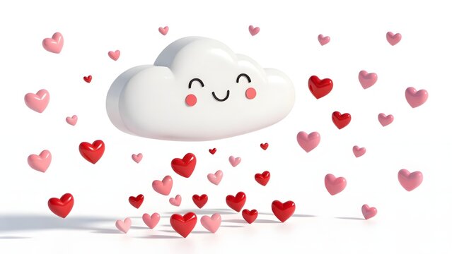 Playful White Cloud with Floating Red and Pink Hearts in Background