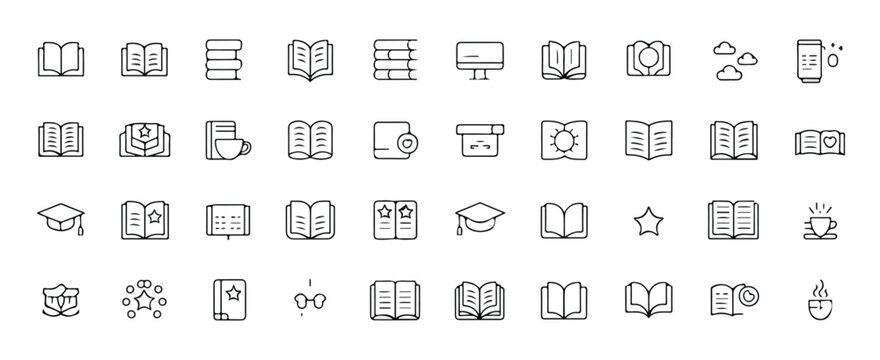 A modern line art icon collection of various books and journals. The vector graphics feature adjustable stroke widths, allowing for complete customization and scalable, high-quality illustrations.
