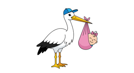 A cheerful stork wearing a blue cap delivers a precious baby girl swaddled in a pink blanket illustration