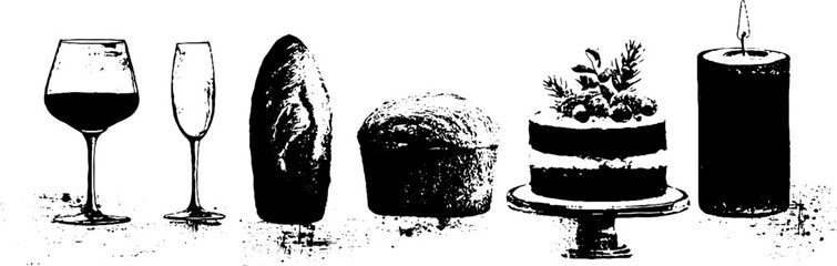 Black and white grunge illustration of wine glasses and bread with cake and candle