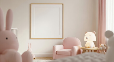 A nursery room featuring a pink chair, a blank frame and plush toys in a soft and inviting setting