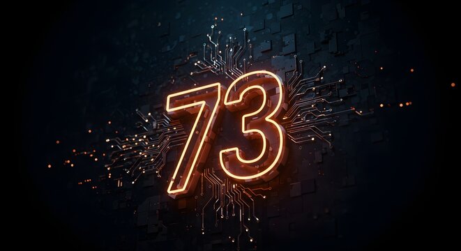 Glowing number seventy three with circuit board design