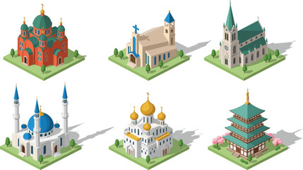 Global religious architecture vector set featuring mosque, church, cathedral, pagoda, Orthodox domes, cultural diversity, iconic worship buildings illustration