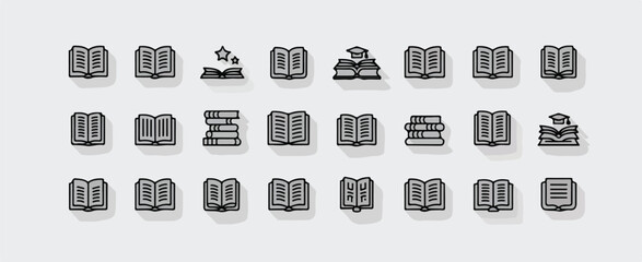 A modern line art icon collection of various books and journals. The vector graphics feature adjustable stroke widths, allowing for complete customization and scalable, high-quality illustrations.