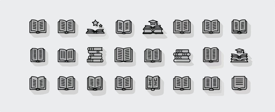 A modern line art icon collection of various books and journals. The vector graphics feature adjustable stroke widths, allowing for complete customization and scalable, high-quality illustrations.