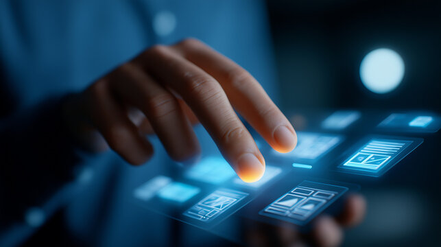 A futuristic holographic screen glows with UX/UI design elements app wireframes floating in mid air. Interactive icons pulse as developers shape layouts dynamically. Atmosphere